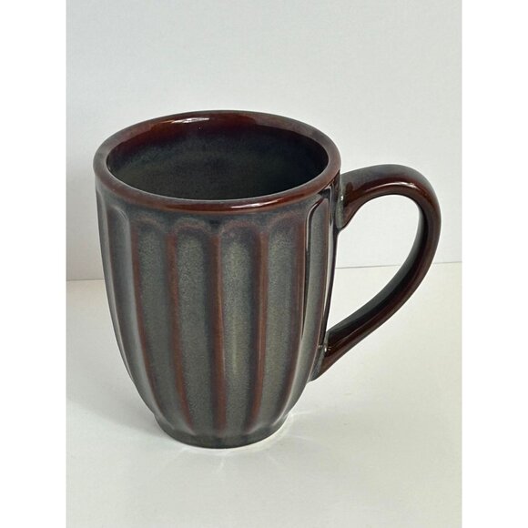 Vintage Ribbed Ceramic Mug With Handle - Made In China - Earthy Brown & Gray Col - Picture 1 of 5
